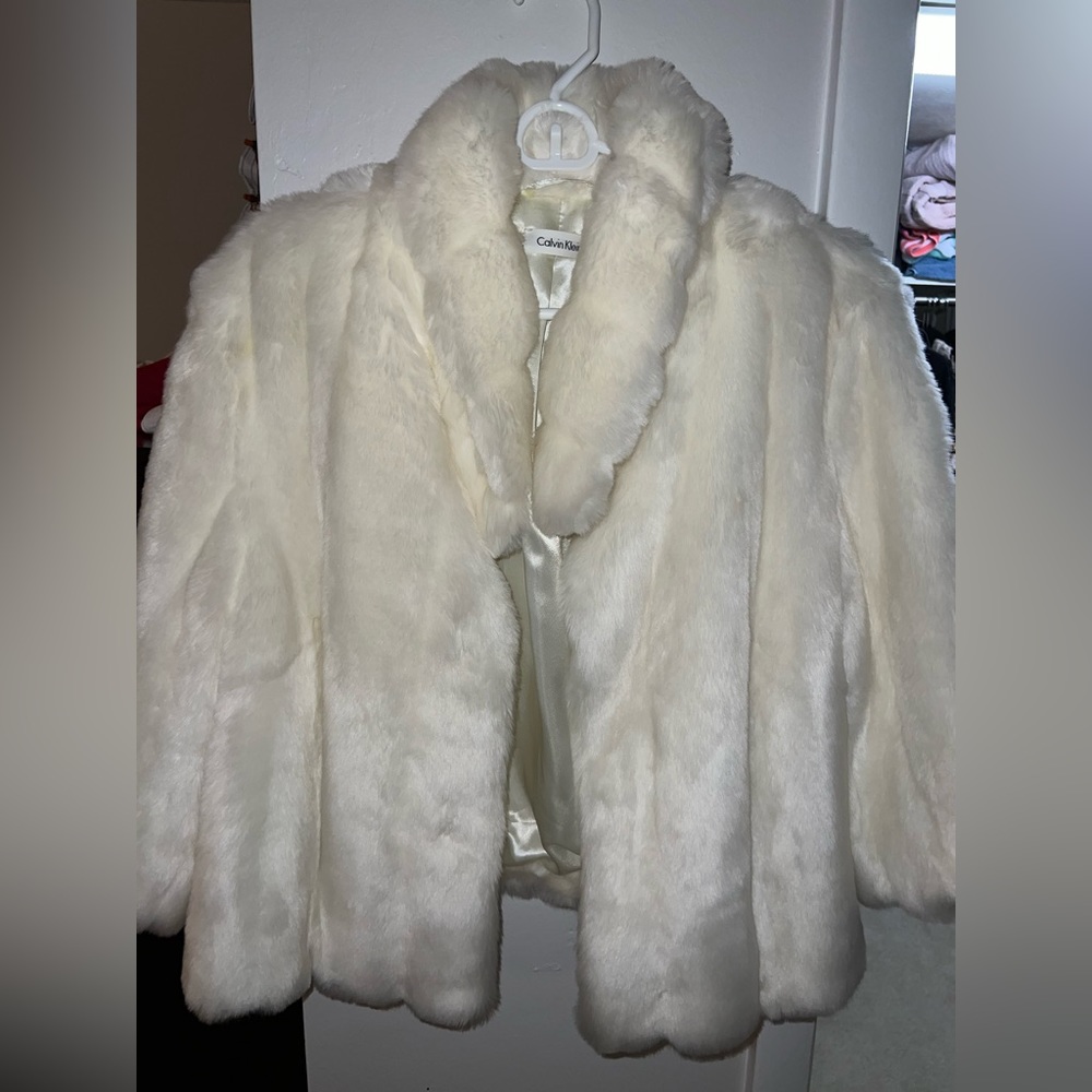 White faux fur Calvin Klein Coat